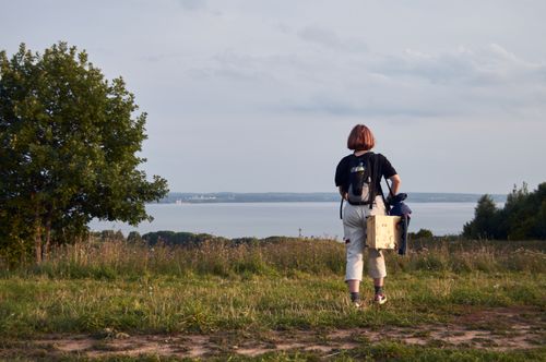 Free A woman stands in a grassy field with a backpack, overlooking a scenic lake view under a cloudy sky. Stock Photo