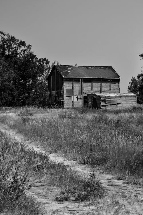 Grayscale Photo of an Old Barn