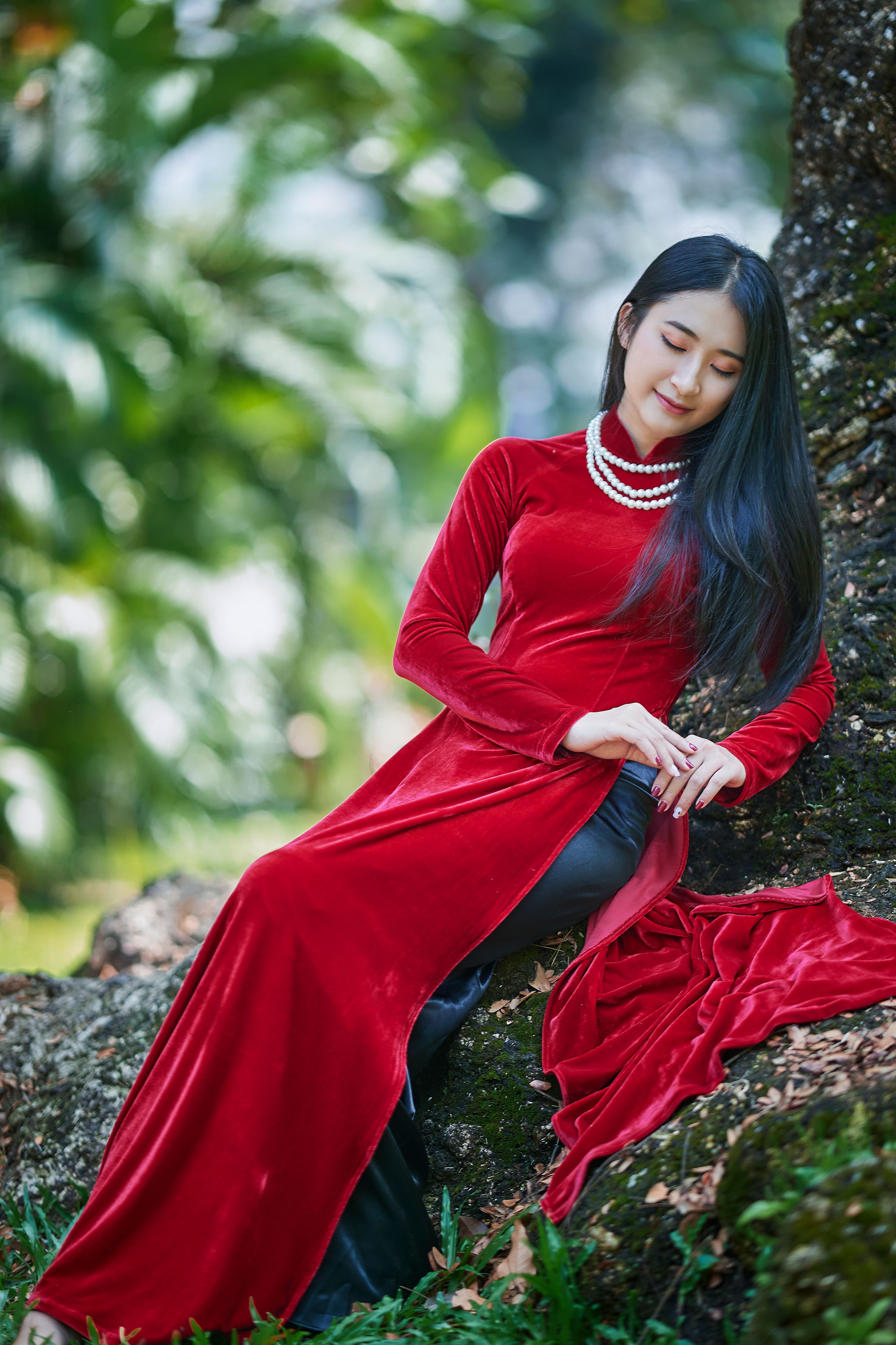 Woman in a red velvet holiday dress