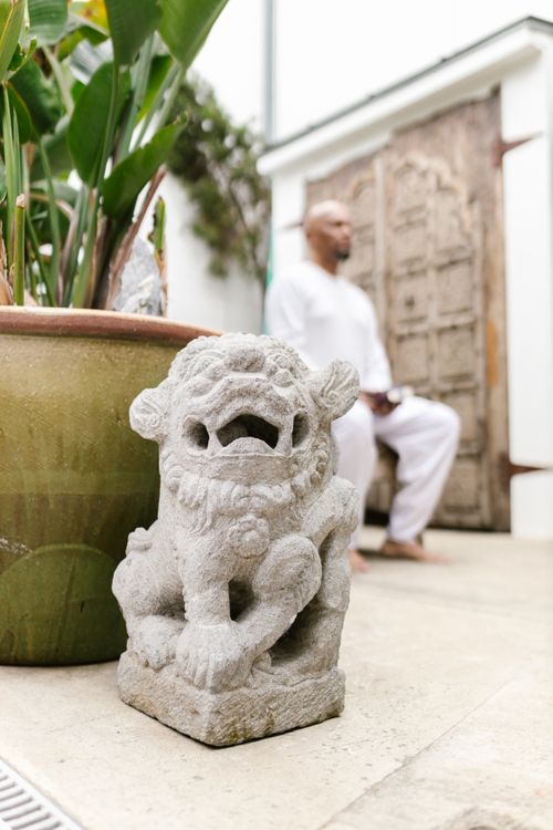 Free A serene stone figurine beside a potted plant with a meditating person in the background. Stock Photo