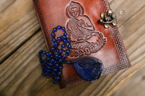 Blue Praying Beads on Brown Book