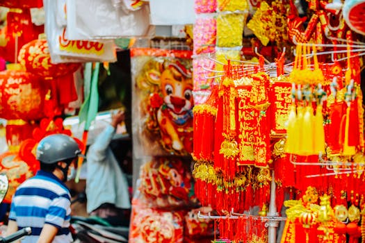 Colorful lanterns and decorations at a Ho Chi Minh City market during a cultural festival.