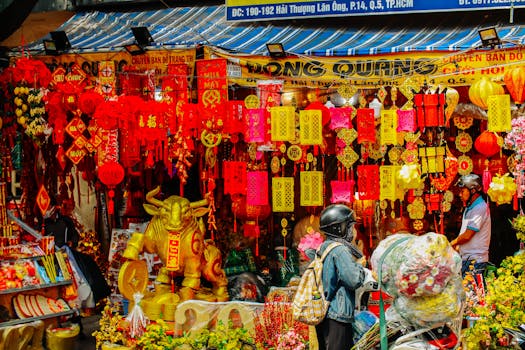 Vibrant decorations for Lunar New Year at a bustling market in Ho Chi Minh City, Vietnam.