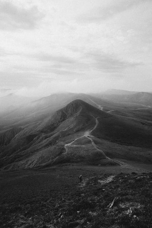 Grayscale Photo of a Mountain Landscape