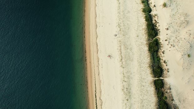 Drone shot capturing a serene, untouched beach with clear turquoise waters and sandy shoreline.
