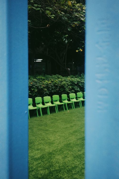 Free A row of green chairs on a lawn surrounded by lush foliage in Chengdu, China. Stock Photo