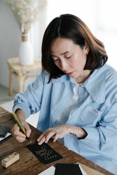 Asian woman focused on calligraphy, creating art indoors with attention to detail.