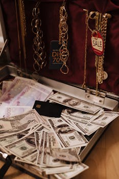 Open suitcase filled with cash, gold necklaces, and a sale tag, symbolizing wealth.