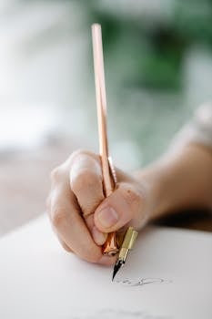 Handwriting on paper with a copper fountain pen in soft focus.