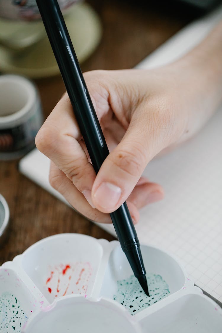 Close-up Of Person Dipping A Pen In Watercolour Paint 