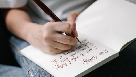 Person writing in a notebook with elegant handwritten calligraphy.