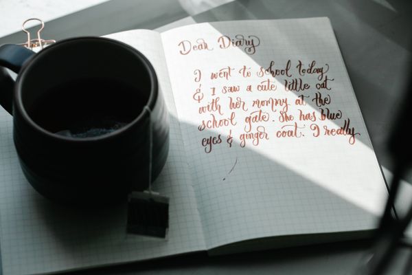 Handwritten journal entry beside a cup of tea