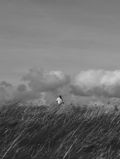 Monochrome Photo of Person Standing in a Meadow
