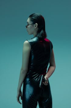 Stylish woman in cyberpunk fashion holding a pistol, embodying a futuristic theme.