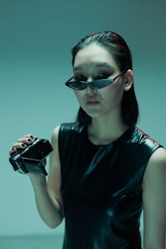 Woman in black leather top holding camcorder with a modern aesthetic.