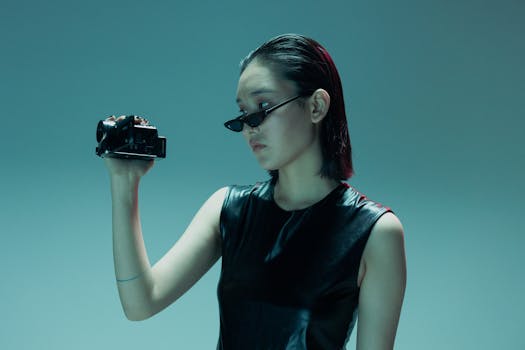 A woman in a sleek black outfit films with a camcorder in a modern studio setting.
