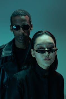 Two individuals in black, wearing sunglasses, with a cyberpunk aesthetic.