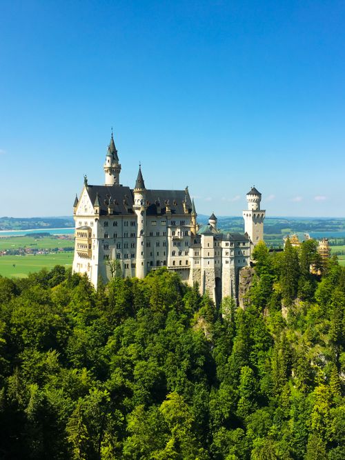 Free Stunning view of Neuschwanstein Castle in Bavaria surrounded by lush green forests. Stock Photo