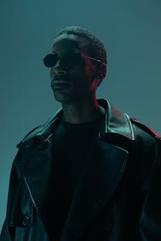 Stylish man in sunglasses and leather jacket with cyberpunk vibe.