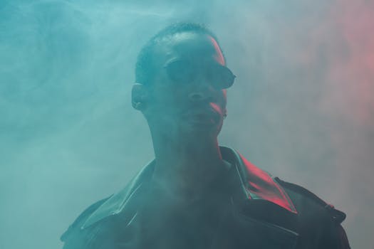 A moody cyberpunk portrait of a person in a black leather jacket surrounded by smoke.