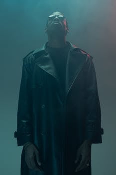 Moody portrait of a person in a cyberpunk style, looking up in smoky lighting.