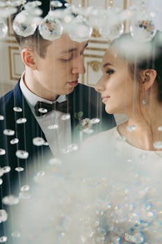 婚礼肖像上，一对相爱的夫妇互相凝视，镶着水晶珠子