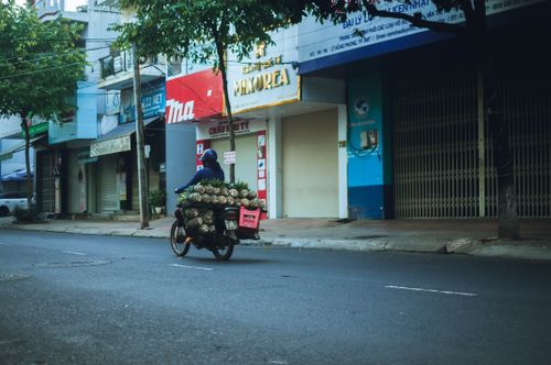Free A street vendor riding a motorcycle loaded with pineapples in an urban setting. Stock Photo