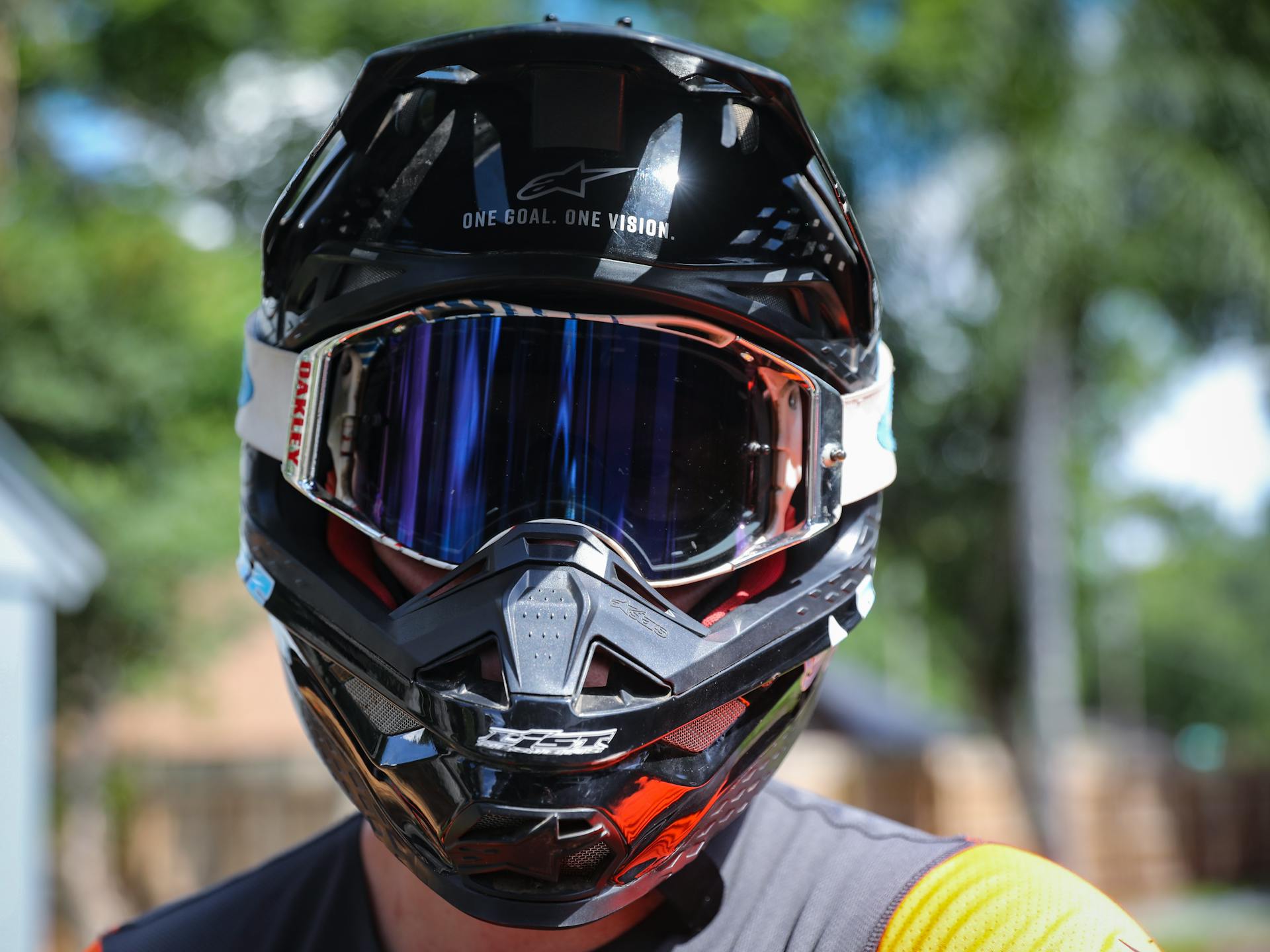 Close-up of a motorcyclist with helmet and goggles for safety in Orlando, FL.