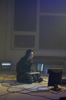 A woman sits cross-legged in a dim room focused on her computer setup.