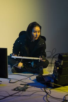 A woman in a black jacket engages in coding amidst a cyberpunk-inspired setup with cables and computers.