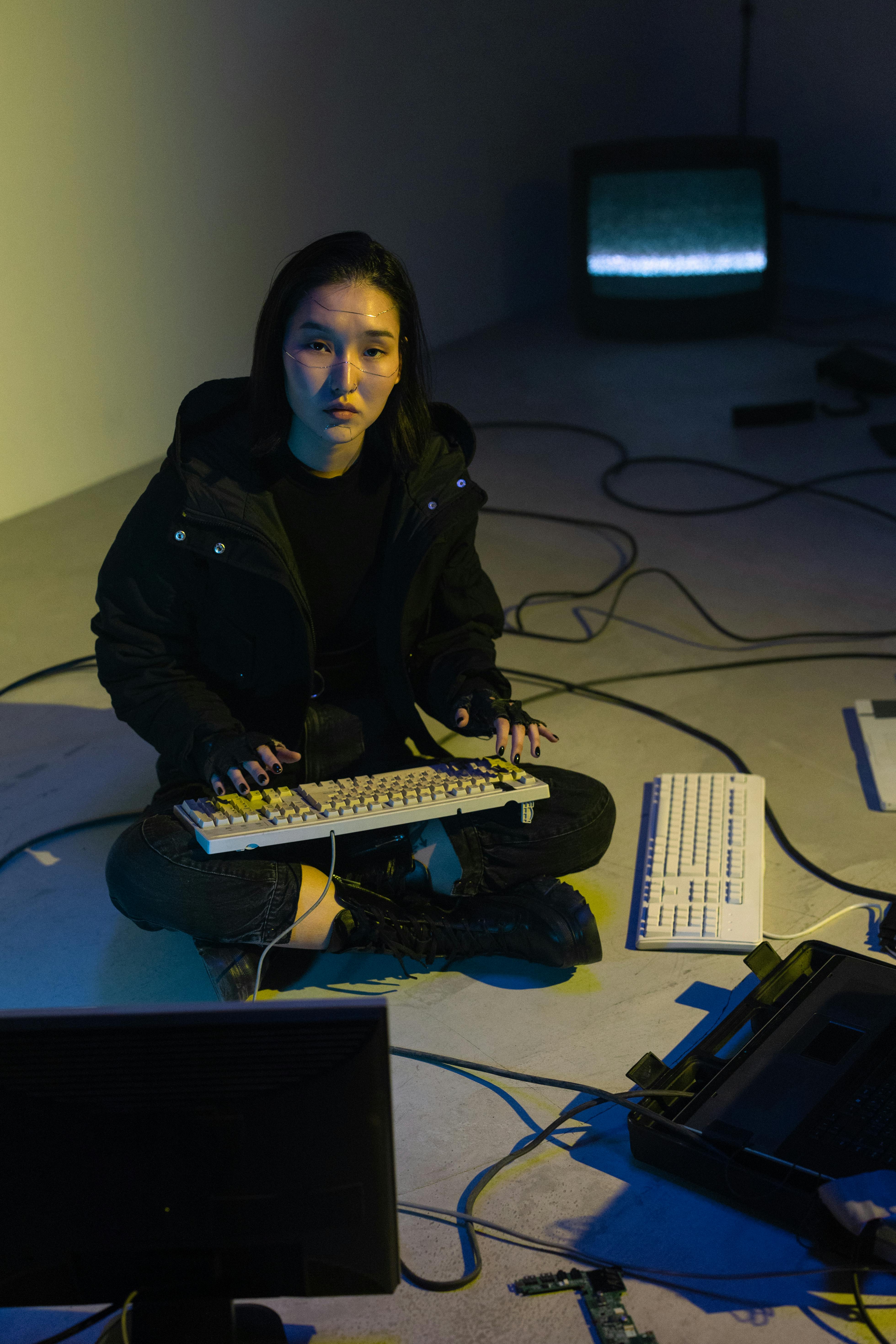 woman in black jacket sitting while working