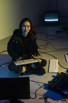 Asian woman sitting cross-legged, working with keyboards in a dimly lit room with tech equipment.