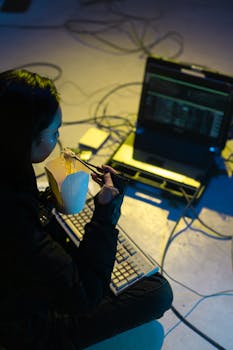 Young woman multitasking, eating takeout noodles while using a laptop on the floor.