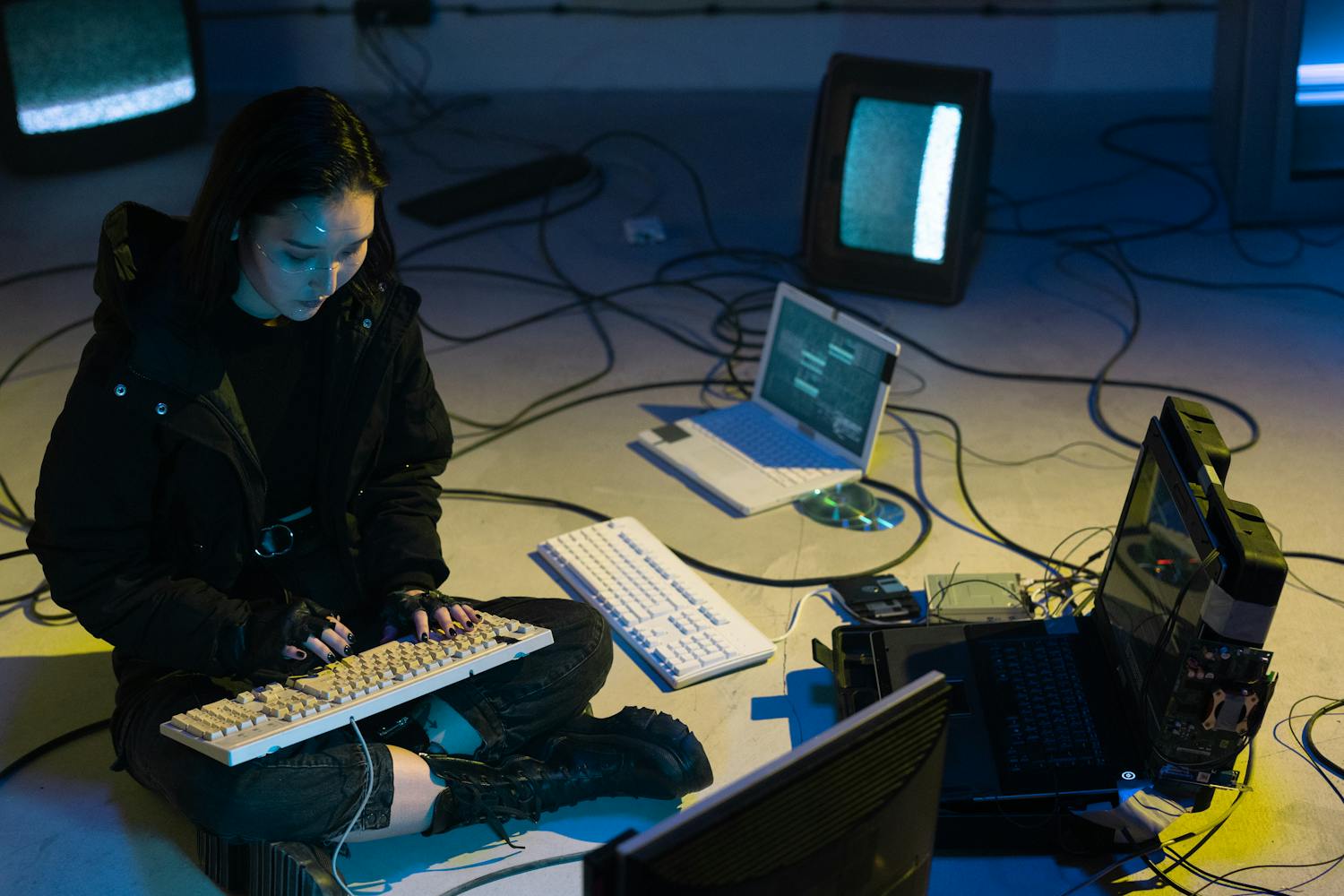 Young Asian woman engaged in computer hacking in a dimly lit, technologically equipped room
