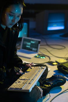 A young woman hacker typing on a keyboard in a dimly lit room filled with old tech equipment, symbolizing cybersecurity themes.