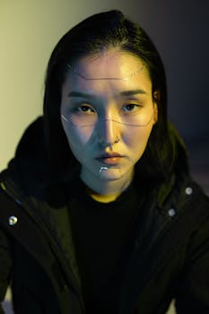 Abstract artistic portrait of an Asian woman with facial piercings, set in cool lighting.