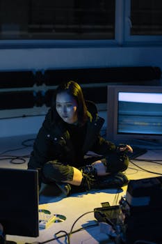 An adult woman sits in a dimly lit room surrounded by technology, embracing a cyberpunk aesthetic.