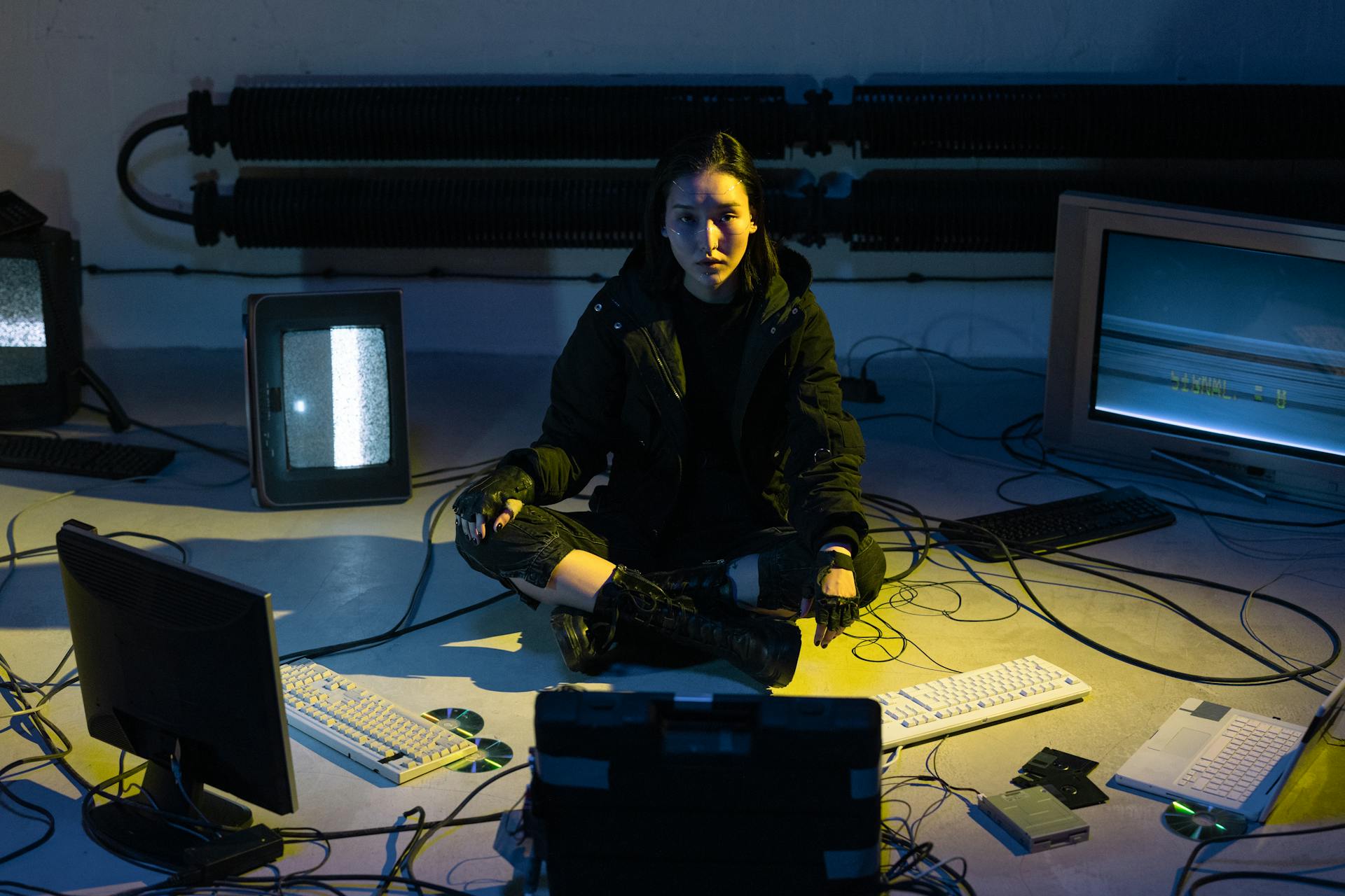 A woman sits on the floor in a dimly lit room full of vintage computer monitors and keyboards.