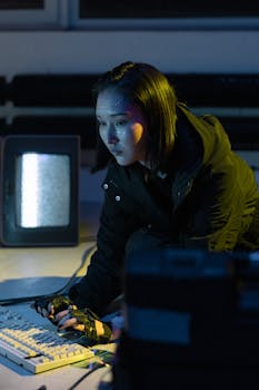 A cyberpunk themed shot of a woman hacker working in a dark room with face stickers and a retro monitor.