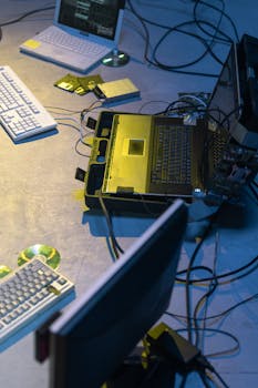 Cyberpunk-themed setup with laptops, keyboards, wires, and retro tech items in a dim room.