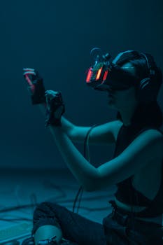 A person immersed in a virtual reality experience with neon-lit VR gear in a moody studio setting.