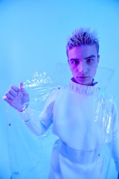 Stylish model posing in futuristic attire with a plastic jacket against a vibrant blue background.