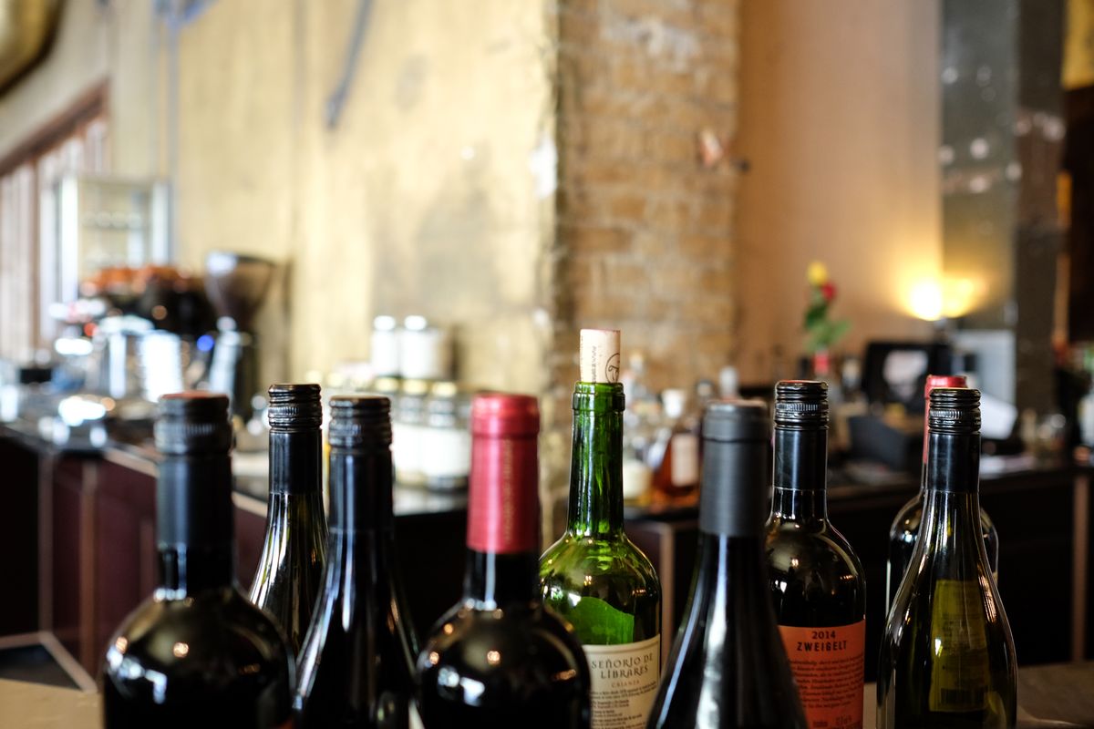 Wine bottles on a bar counter