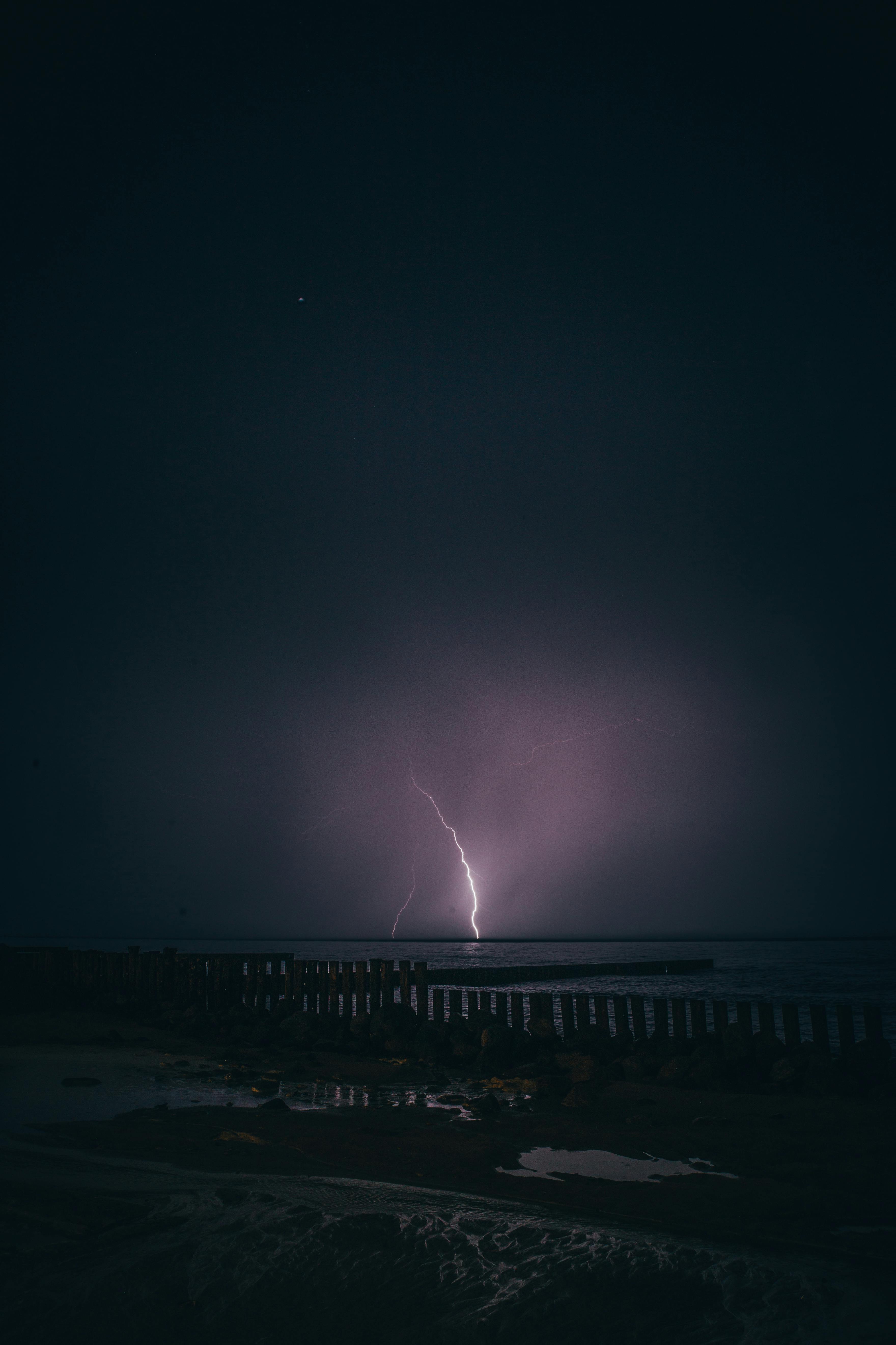 a lightning strike in the dark sky