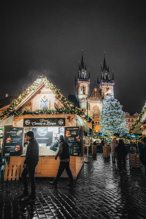 Christmas Market By Night and Church in Background