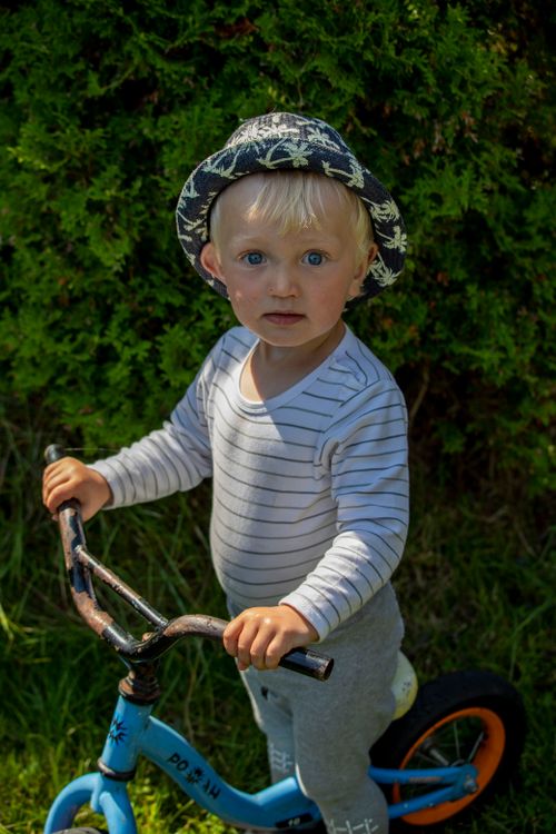 Free A young child in a striped shirt and bucket hat poses with a bicycle in a lush garden on a sunny day. Stock Photo