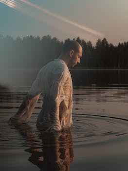 A serene scene of a man in a white shirt wading through a calm lake, surrounded by tranquil forest trees.