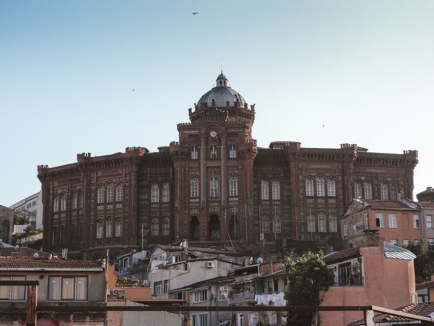 View of the historic Fener Greek High School in Istanbul, showcasing neo-classical architecture.