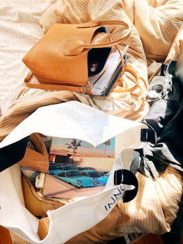 A stylish leather bag and open tote with travel items on a sunlit bed, perfect for city travelers.