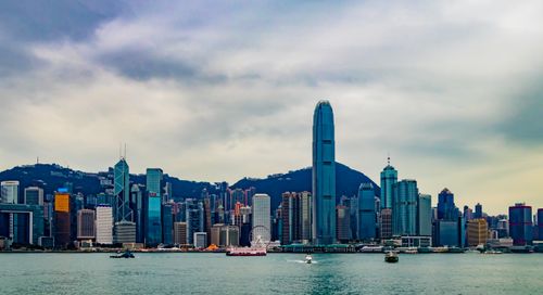 Free Stunning view of Hong Kong's skyline from Kowloon at sunset, featuring modern skyscrapers. Stock Photo